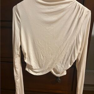 12th Tribe Cream Asymmetrical Tie Front Crop Blouse